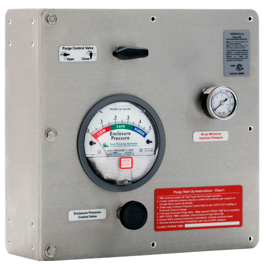 Custom purge system panel with enclosure pressure gauge