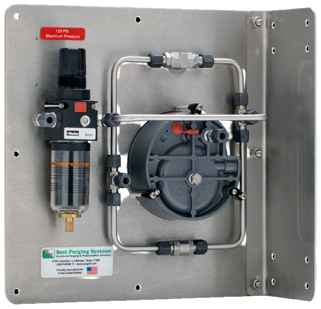 Enclosure purging and pressurization system assembly